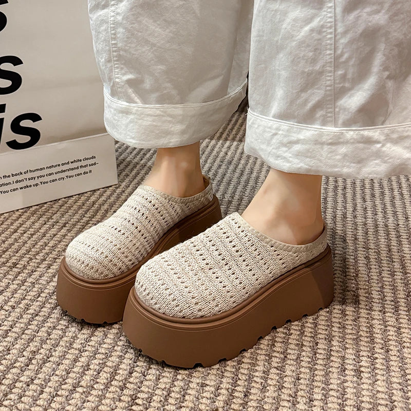 Women Ladies Summer Hollow Knit Mesh Chunky Wedge Heels Platform Round Toe Clogs Slides Casual Lazy Mules Sandals Slippers Shoes