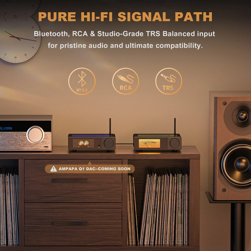 Ampapa D1 HiFi Stereo Bluetooth 5.2 Amplifier 2.0 Channel Home Audio Amp with Digital VU Meters HPF 300Wx2