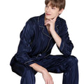 Birdtree 100% Silk Pajamas Sets Men Homewear Male Casual Striped Long Sleeve Loungewear Pant 2Piece Sleepwear S3N845QM