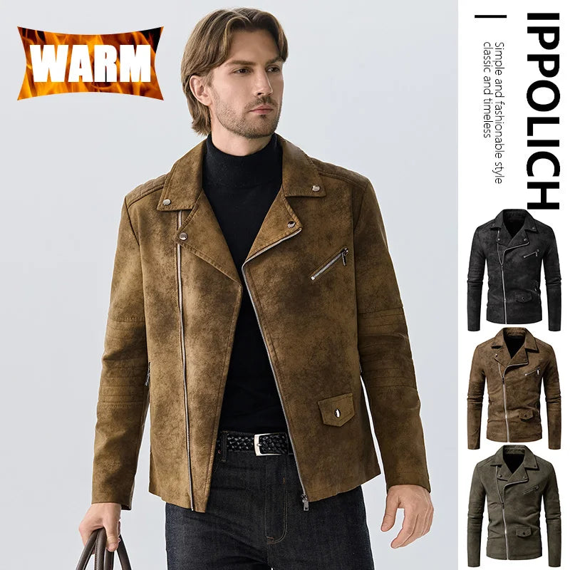 Men PU Leather Jacket Faux Fur Fashion British Thickened Plush Autumn Winter Warm Leather Jackets High-End Business Leather Coat