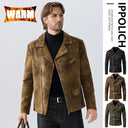 Men PU Leather Jacket Faux Fur Fashion British Thickened Plush Autumn Winter Warm Leather Jackets High-End Business Leather Coat