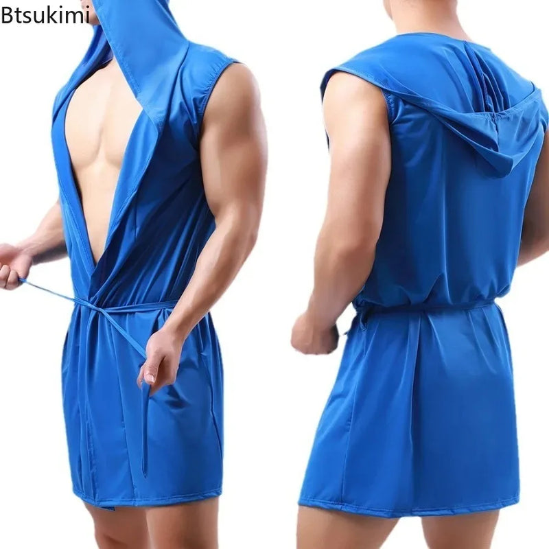 2026 Summer Men's Sexy Sleeveless Pajama Kimono Robe Fashion Loose Casual Hooded Bathrobes Cool Smooth Bath Robe Male Sleep Gown