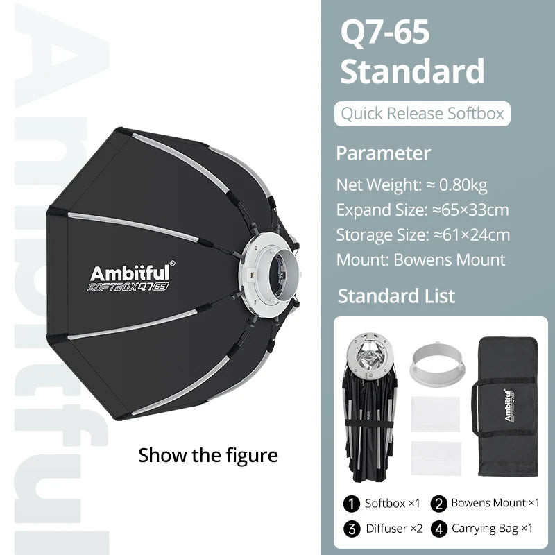 AMBITFUL 30x120cm 55cm 65cm 90cm One Touch Open Octagon/Rectangle Softbox Bowens Mount for Outdoor Studio Photography Side Wing