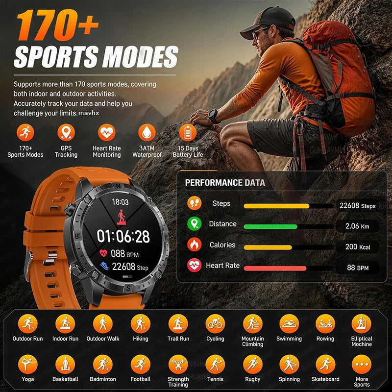 2026 Offline Map New Smart Watch 3ATM Waterproof GPS Navigation Compass Altimeter Flashlight Men 170+ Sports Bracelet Men Women