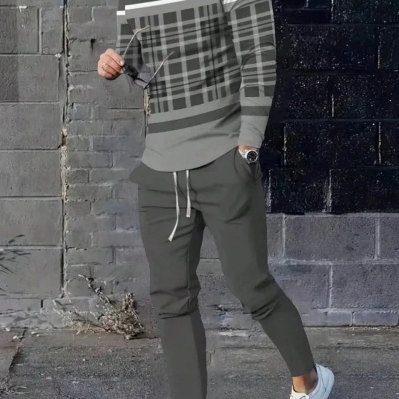Fashionable summer men's striped patchwork print breathable round neck long sleeved pants set outdoor - View 10 | SAMAG