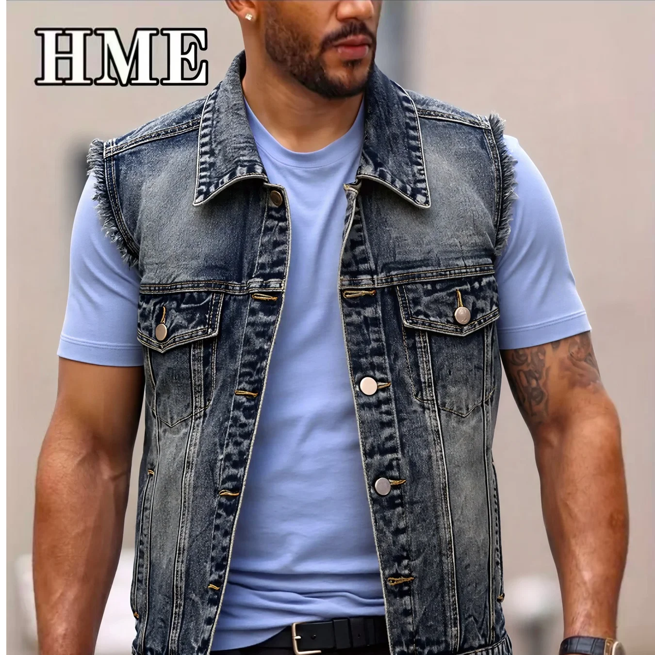 American Streetwear Men's Frayed Denim Vest Vintage Washed Turn Down Collar Sleeveless Jean Jacket Spring Summer