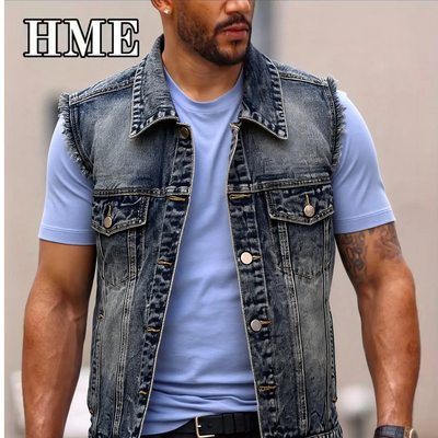 American Streetwear Men's Frayed Denim Vest Vintage | SAMAG
