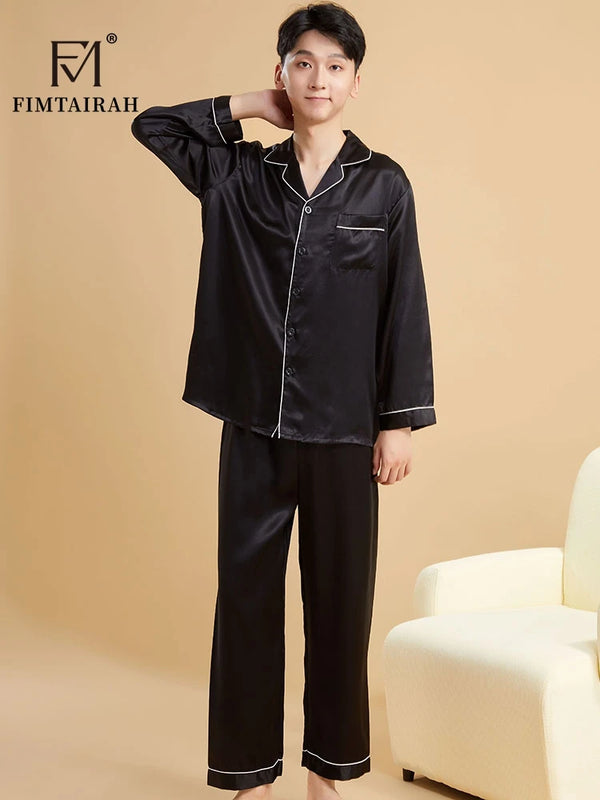 Fimtairah Real 19MM 100% Mulberry Silk Pajamas Men's Autumn  Hangzhou Solid Color heavy Silk Home Wear Men's