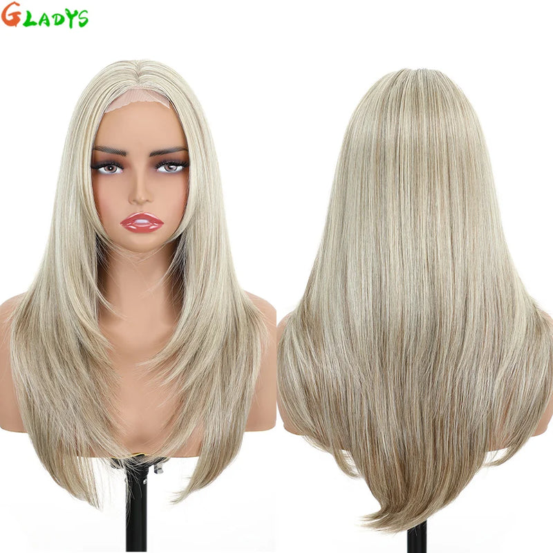 210g/pcs 180% Density Lace Wig 6-24-613 Color Middle Part Glueless Lace Wigs 24 Inch Ombre Blonde Synthetic Hair Daily Use Wigs