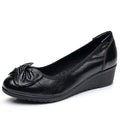 EOFK Women Pumps Genuine Leather Shoes Wedges Low Heel Soft Butterfly Knot Round Toe Shallow Comfortable Ladies Mother Loafers