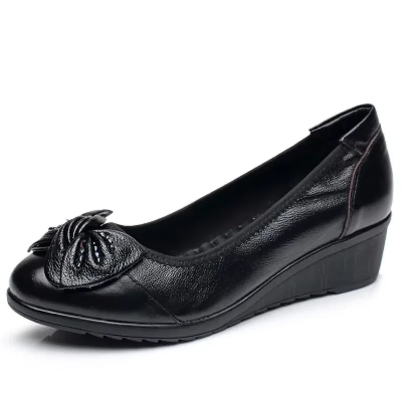 EOFK Women Pumps Genuine Leather Shoes Wedges Low Heel Soft Butterfly Knot Round Toe Shallow Comfortable Ladies Mother Loafers