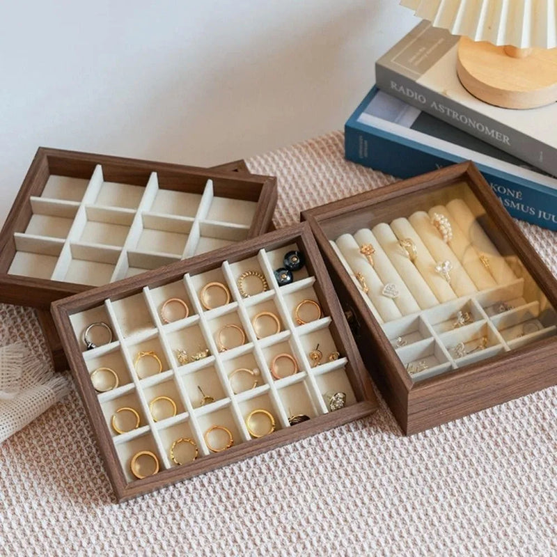 Retro Elegant Wood Jewelry Box Glass Lid Dust-proof Jewelry Organizer Velvet Storage Box Ring Display Holder Desk