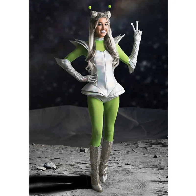 Women Alien Ladies Outer Space Alien Cosplay Outfit Metallic Silver Corset Green Bodysuit Costume for Halloween Carnival