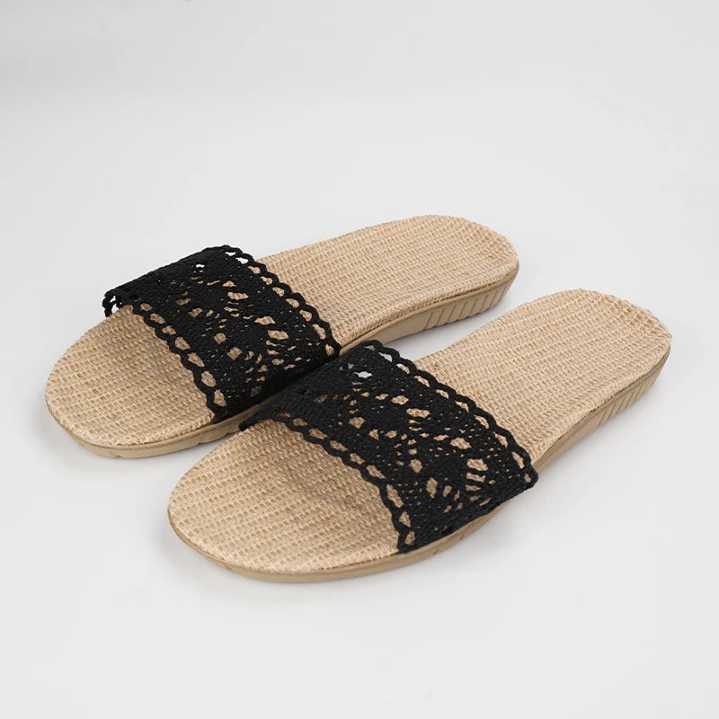SHAJI Summer Women's Linen Slippers Home; Women's lightweight Indoor Non-Slip Shoes; Thick Sole Beach Slides; Bohemian Style