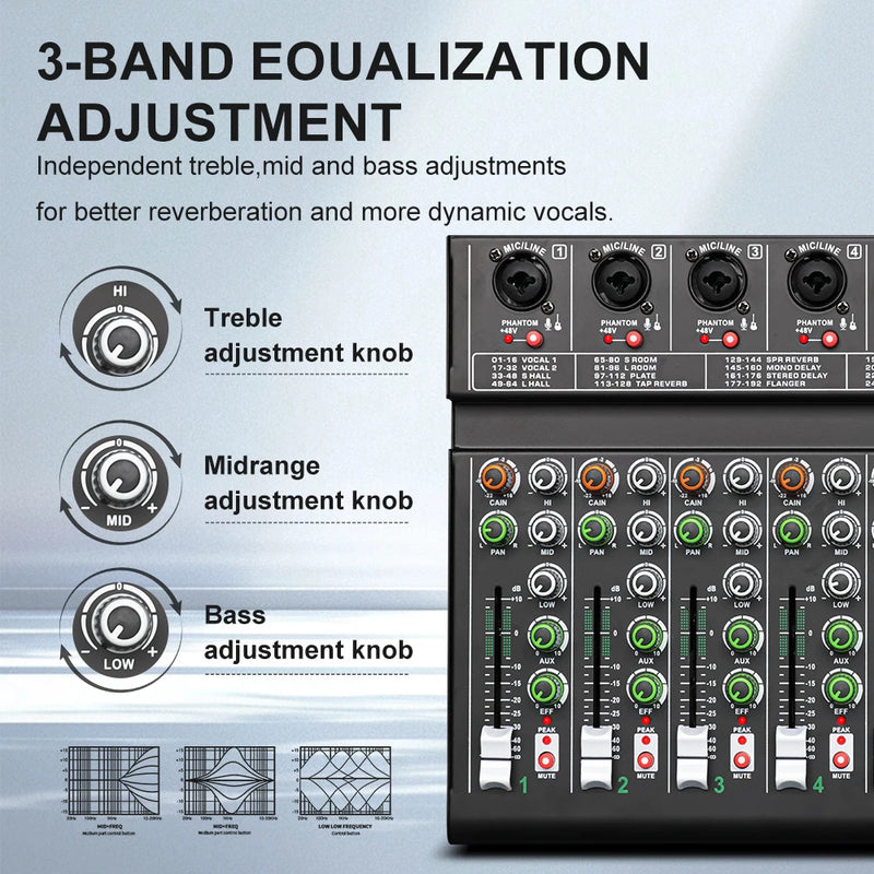 LEUS AU6 Channel Audio Mixer with 256 DSP Effects - 48V Phantom Power, Bluetooth & USB Connectivity, Supports PC Recording, DJ M