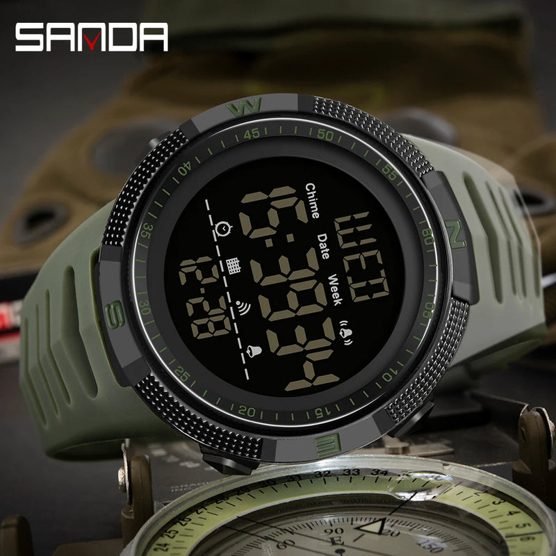 SANDA Fashion Men's LCD Digital Casual Date and Week Alarm Waterproof Sport Silicone Strap Military Electronic Watch