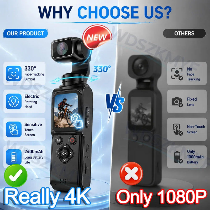 4K Action Camera With 330° Face Tracking Gimbal Stabilizer 1.72 Inch Touch Screen 64MP Pocket Digital Camera WiFi Sports Cam