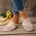 Ladies Hollow Mule Clogs Decorative Square Buckle Low Heel Slides Lightweight PU Non Slip Walking Casual Shoes for All Seasons