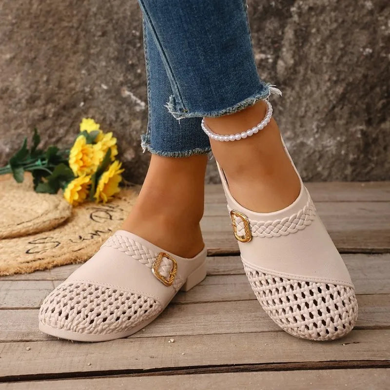 Ladies Hollow Mule Clogs Decorative Square Buckle Low Heel Slides Lightweight PU Non Slip Walking Casual Shoes for All Seasons