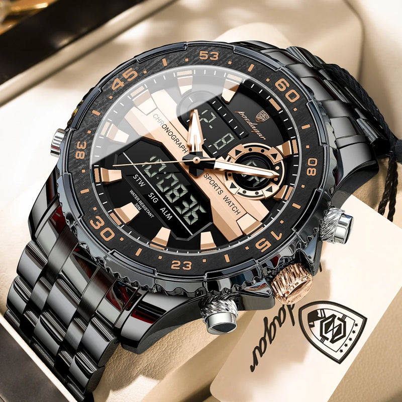 POEDAGAR Top LED Man Clock Waterproof Electronic Luxury Men's Watches Dual Time Display Digital Stainless Steel Men Quartz Watch
