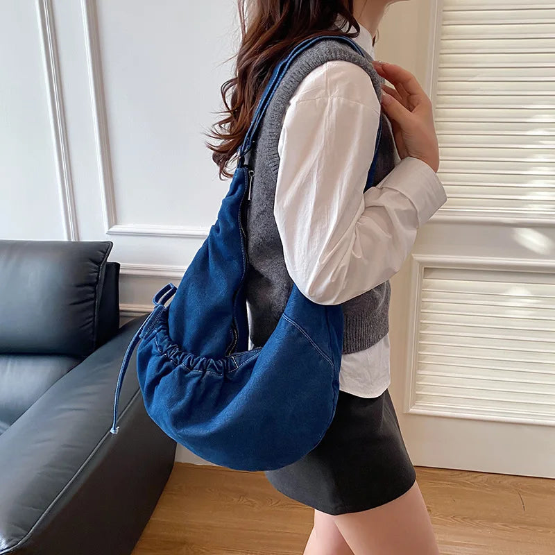 Korean Hobo Bags Women Comfortable and Versatile Texture Crossbody Bags Denim Storage Bags Casual Trendy Simple Shoulder Bag