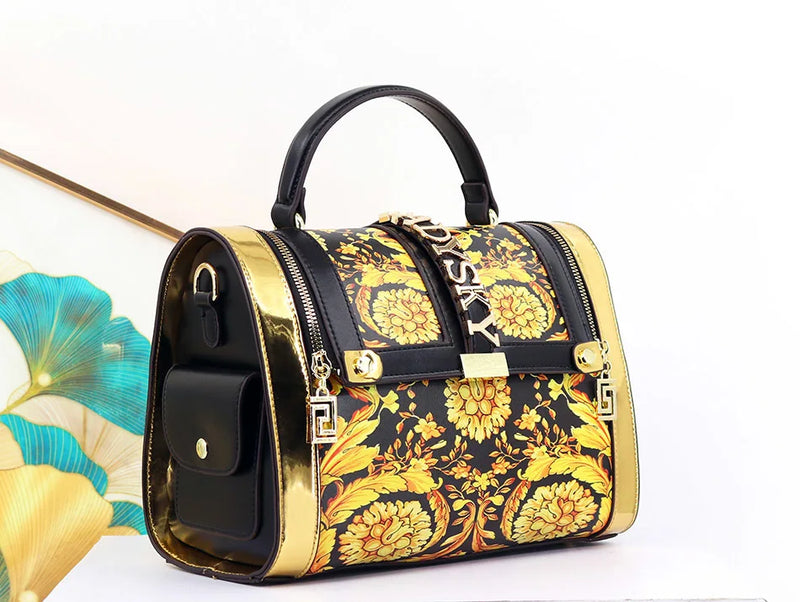 Women Boston Bag Printed Pattern Handbag Large Capacity Shoulder Crossbody Bag Double Zipper Half Cover Style Top Handle Bag