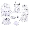 Spring Autumn 7 Pieces Set Silk Elegant Women Pajamas Print Shorts Long Sleeve Top Elastic Waist Pants Lounge Sleepwear