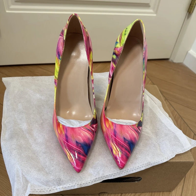 Veowalk Women's 12cm High Heels Pumps Colorful Print Pointed Toe Stiletto Shoes Sexy Party & Club Dress Shoes for Evening Events