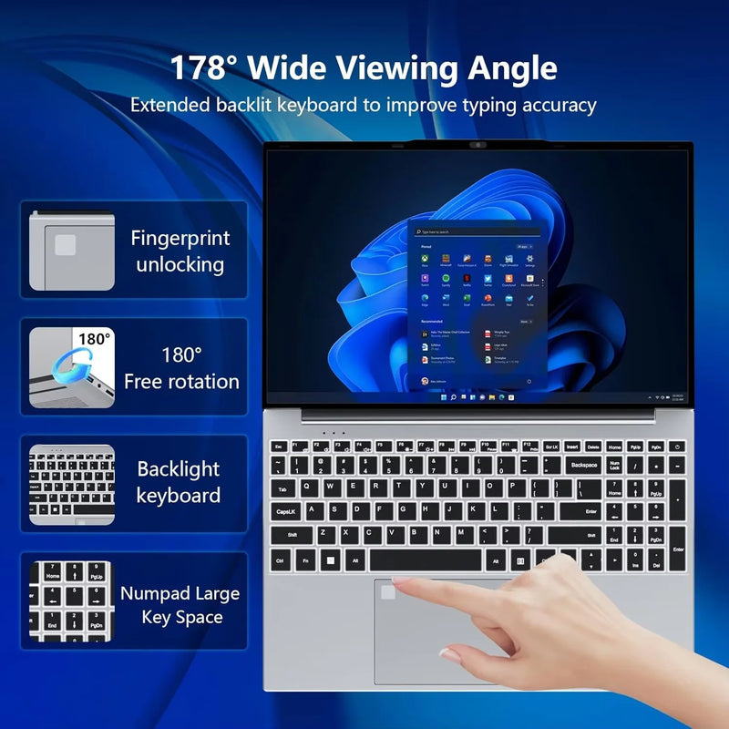 Intel Core i9-9900 15.6 Inch 16GB RAM Backlit Fingerprint Unlock Laptop Windows 11 Office Study NoteBook Gaming Computer PC