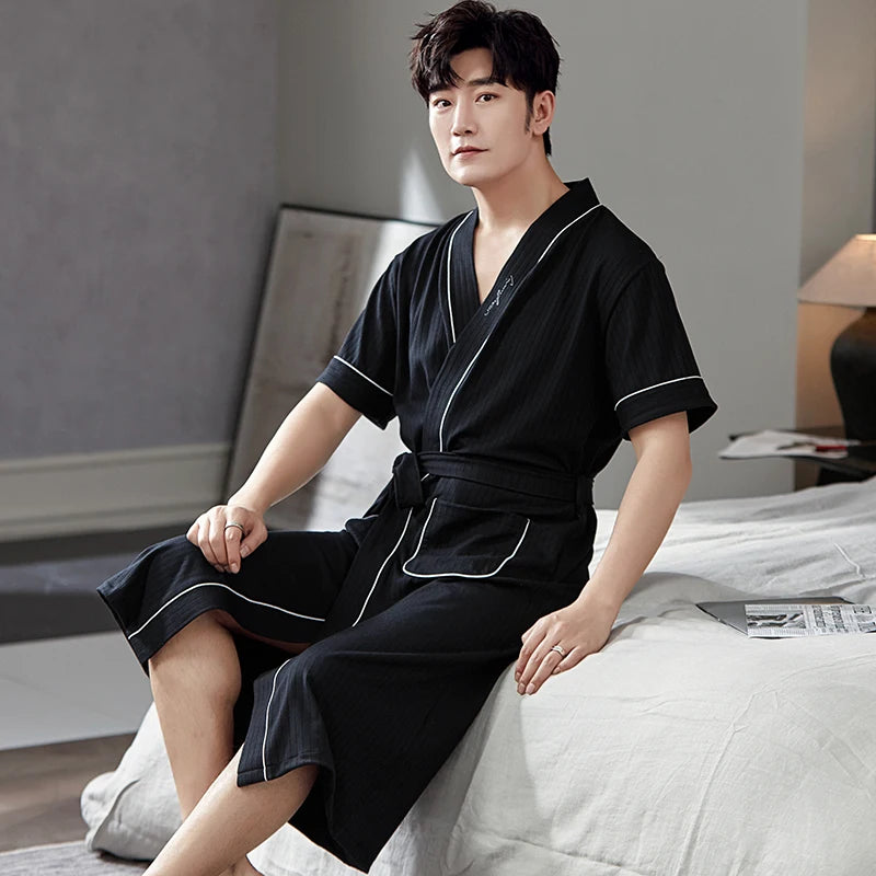Big Yards L - 4XL Pajamas Mens Soft Cotton Knited Robes Sexy V-Neck Short Sleeve Bathrobe Male Solid Color Nightgown Lounge