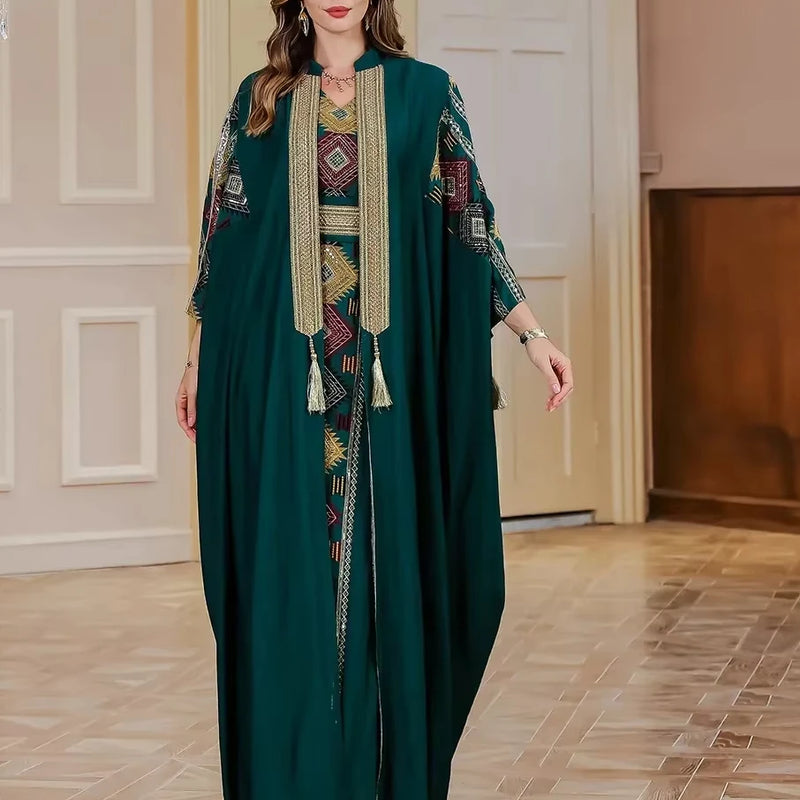 Eid Muslim 2 Piece Set Women Embroidery Dresses Open Abaya Suit Jalabiya Ramadan Dubai Kaftan Party Vestidos Cardigan Robe 2025