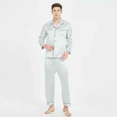 100% silk long-sleeved Sleepwear New silk pajamas for men  spring summer   long Full sleeve two-piece Blue Solid L XL XXL