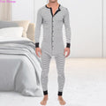 Men Skinny Striped Jumpsuit 2021 Long Sleeve O Neck Buttons Romper Sleepwear Overall Homewear Pajamas Sets Underwear