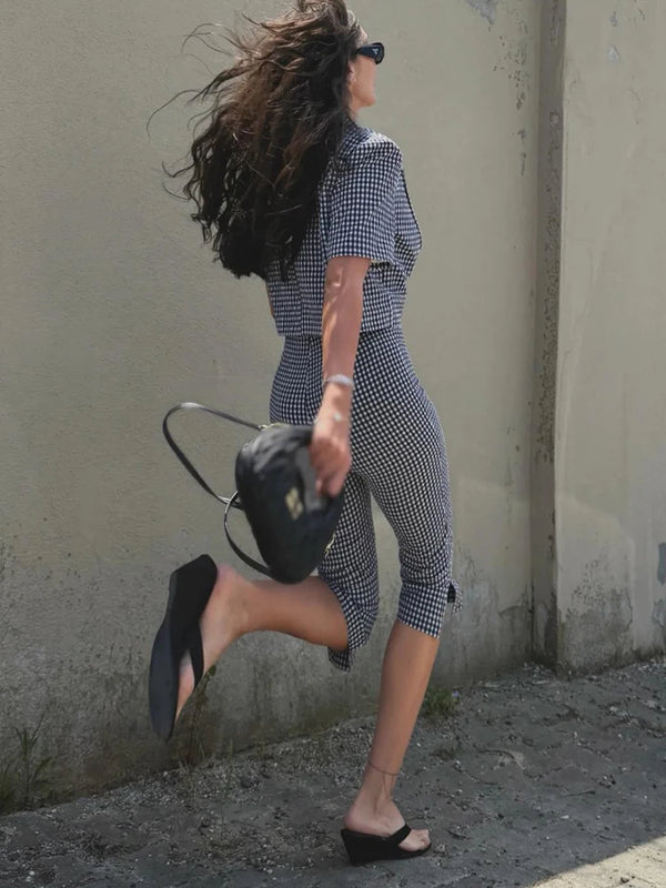 HH Women Casual Slim Plaid Blazer Pants Set 2026 Summer Autumn Gingham Short Blazer+High Waist Capri Pants Fashion Office Suits