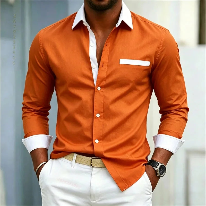 Men's shirt color blocking black and white lapel slim fit | SAMAG