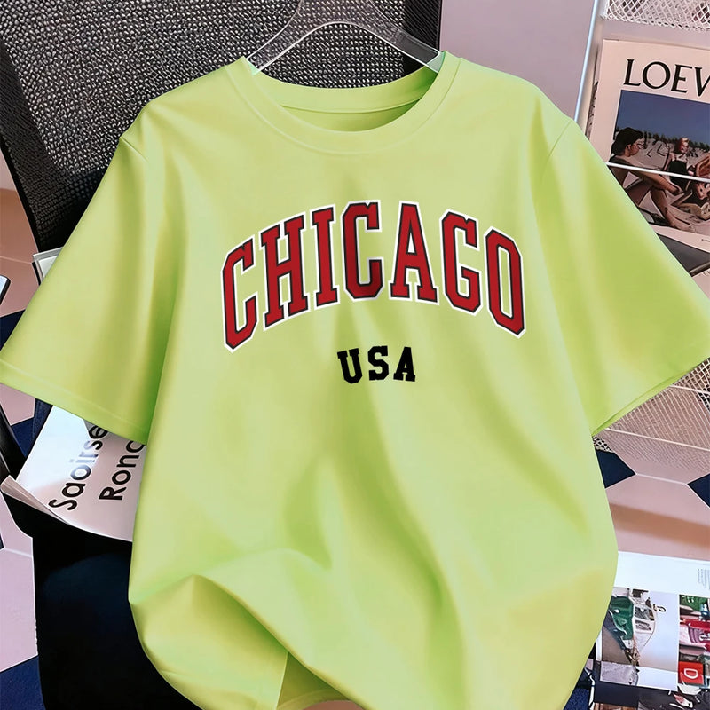 Chicago Usa Letter Printing T-Shirt Women Cotton Summer Short Sleeve Tops Comfortable Soft O-Neck T Shirt Casual Womans Clothes