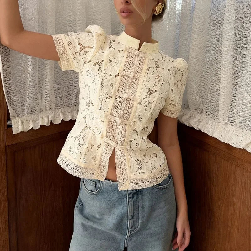 Tossy Summer Lace Printed Shirts Tops Female Hollow Out - View 8 | SAMAG