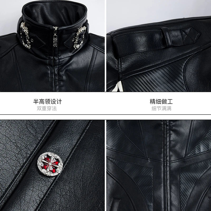 LUZHEN 2026 Stylish Stripe Original Patchwork Design Stand Neck Leather Jacket Men's Trendy High Quality Motorcycles Coat JY6331