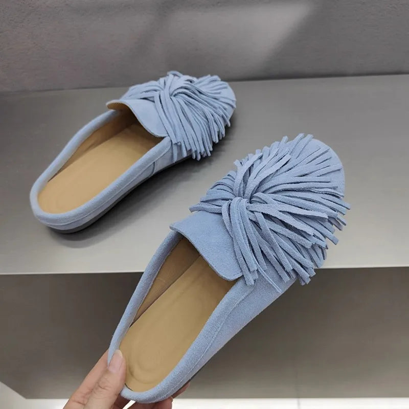 DIMANYU Women's Mules Shoes Genuine Leather 2026 New  Women Slippers Flat Tassel Closed-Toe Female Large Size Slippers Women 