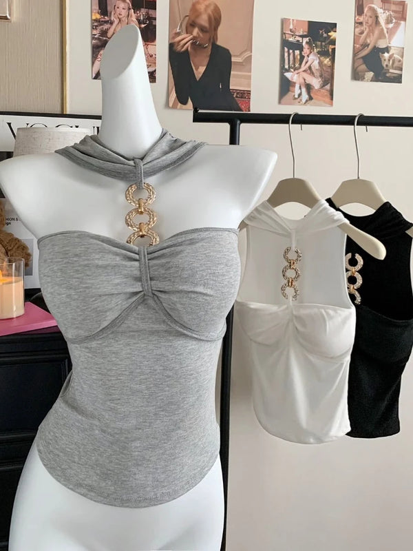 Fashion Sexy One Piece With Chest Pad Slim Versatile Camis Women's 2026 Summer New Chain Halter Tank Top