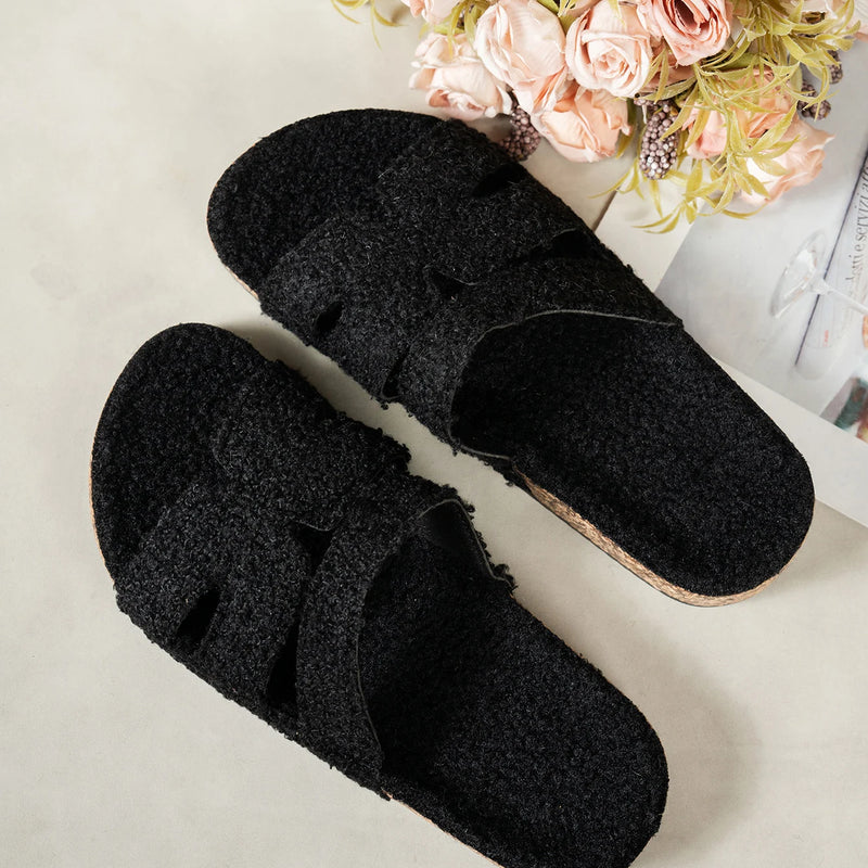 Autumn and Winter Women's Home Slippers, Soft-Soled Warm Slippers, Round-Toe Open-Toe Outdoor Fashion Fur Slippers, Home Slippers with Widened Straps, Soft and Skin-Friendly Faux Fur Slippers, Adjustable Sandals | Cork Soles