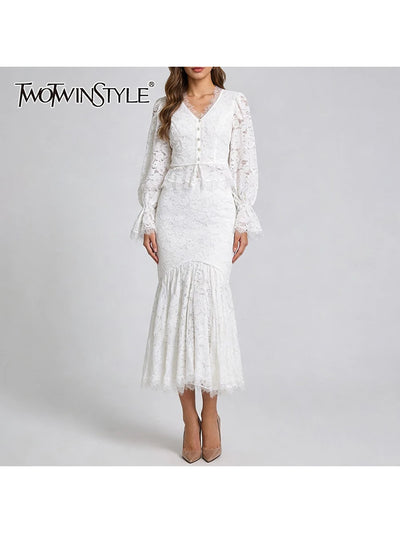 TWOTWINSTYLE Slimming Sheer Spliced Lace Two Piece Sets | SAMAG