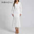 TWOTWINSTYLE Slimming Sheer Spliced Lace Two Piece Sets for Women V Neck Long Sleeves High Waist Irregular Skirt Set Female New