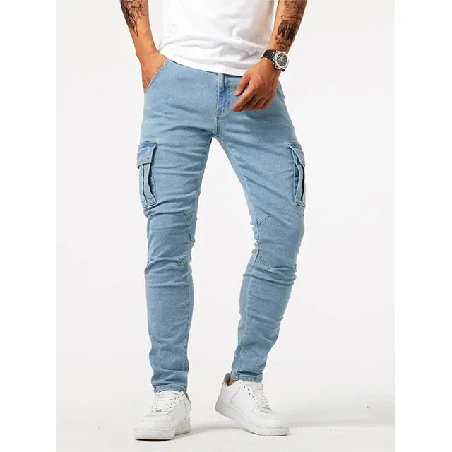 Street Elastic Jeans Men Denim Cargo Pants Wash Solid | SAMAG