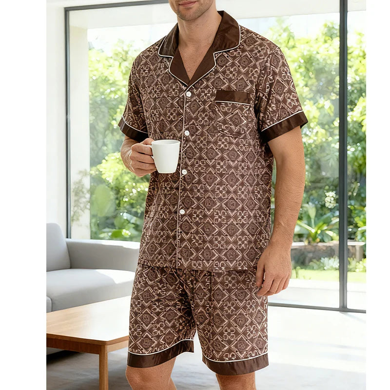 2pcs Men's Geometric Print Pajama Set Stylish Brown Short-Sleeve Shirt with Elastic Waist Shorts Comfortable Polyester Sleepwear