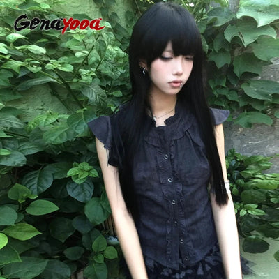 Genayooa Y2k Vintage Shirt Women Ruffled Sleeveless | SAMAG