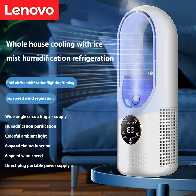 Lenovo Ice Cool Portable USB Air Cooler Fan with Purifying and Humidifying Mist Spray and LED Display Desktop Cooling for Office