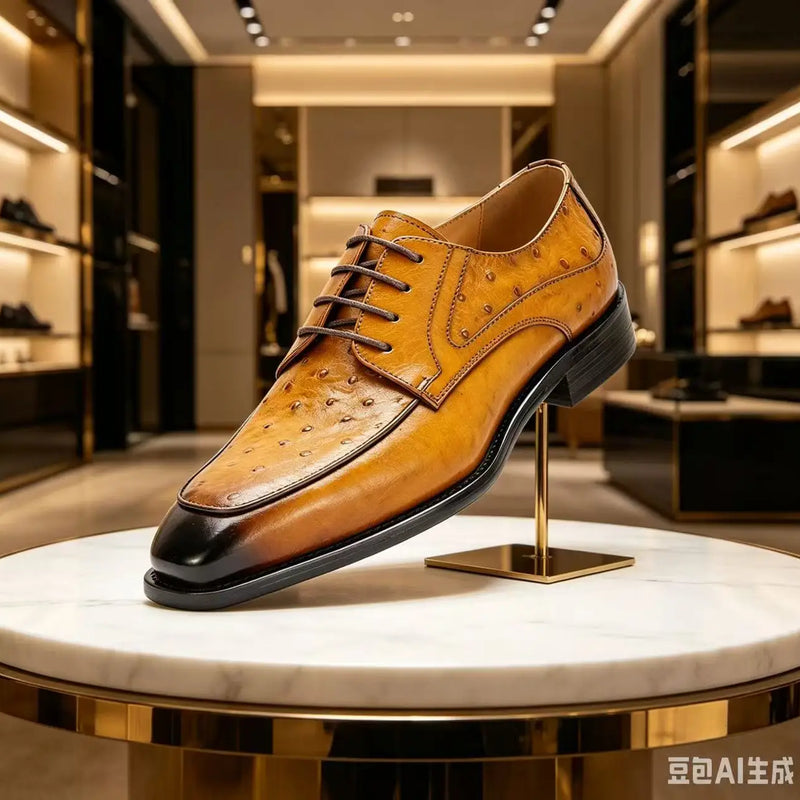 2026 new ostrich leather pattern men's genuine leather formal wear handmade cowhide Fashion casual business leather shoes