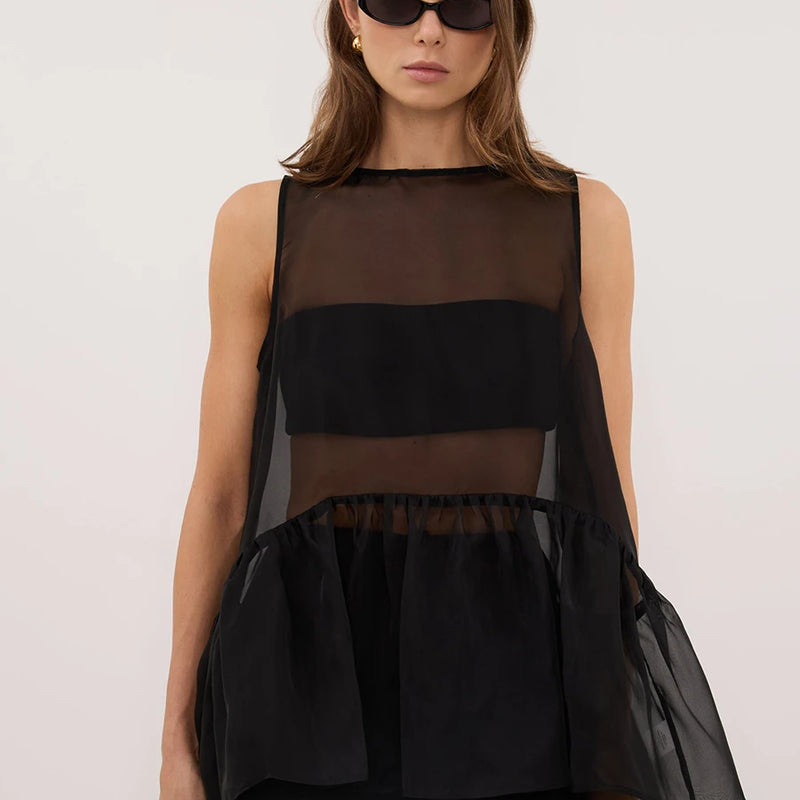LIMO Sheer Mesh Sleeveless Top Women Ruffle Hem Flowy - View 4 | SAMAG