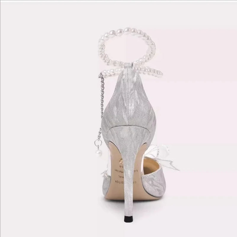 Poplular Zapatos De Mujer Bowtie Beading Embellished Sweet Women Weeding Shoes Pointed High Heels Glitter Slip-On Women Pumps